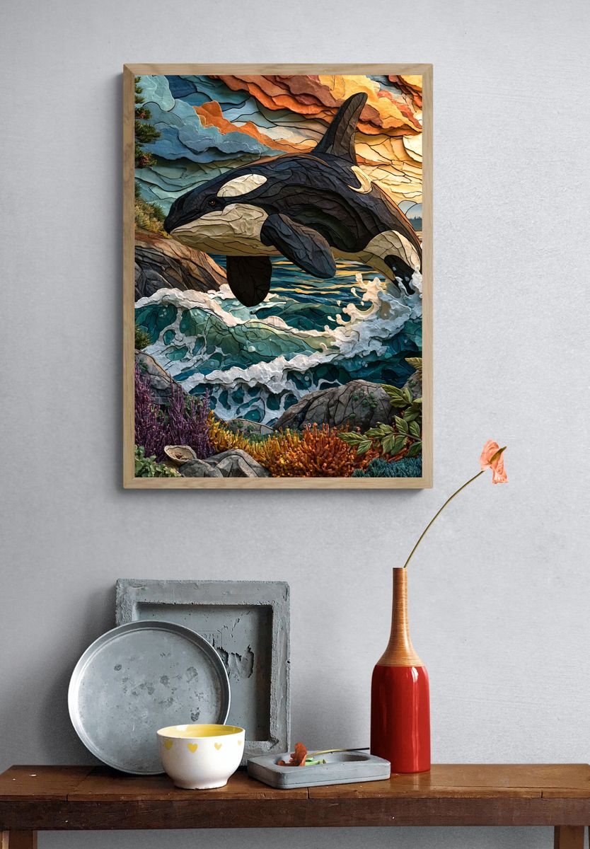 Orca Ocean Sunset Illustration Poster. — room view 3