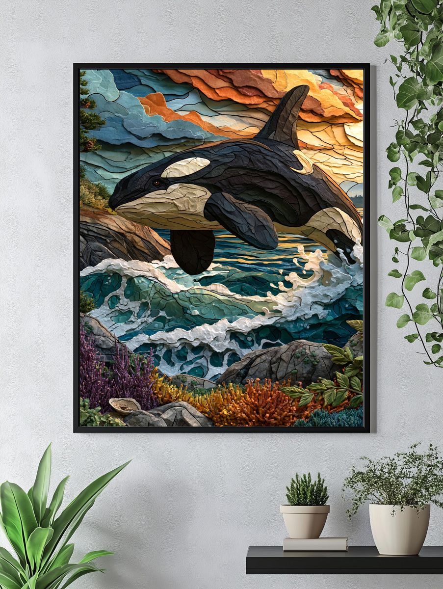 Orca Ocean Sunset Illustration Poster. — room view 4