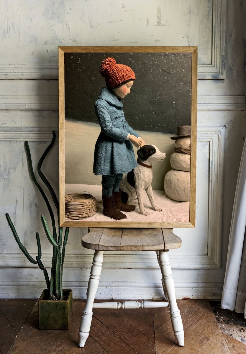 Winter Child and Dog Illustration Poster. — room view 1