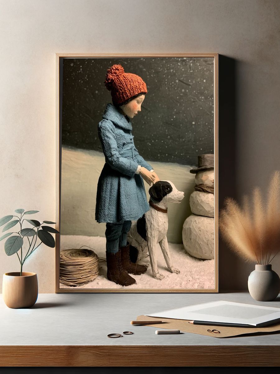 Winter Child and Dog Illustration Poster. — room view 2