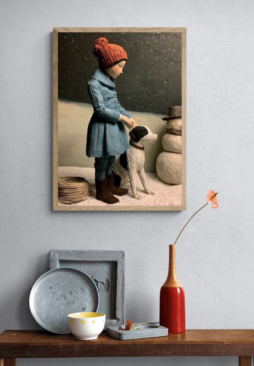 Winter Child and Dog Illustration Poster. — room view 3