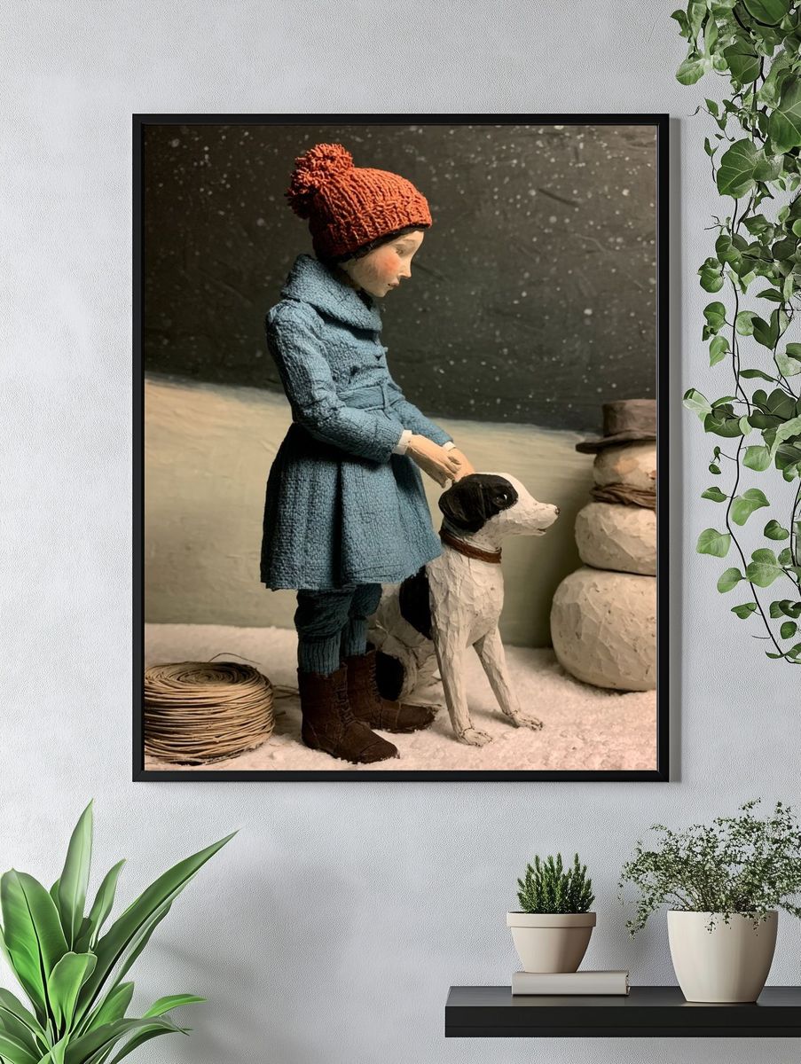 Winter Child and Dog Illustration Poster. — room view 4