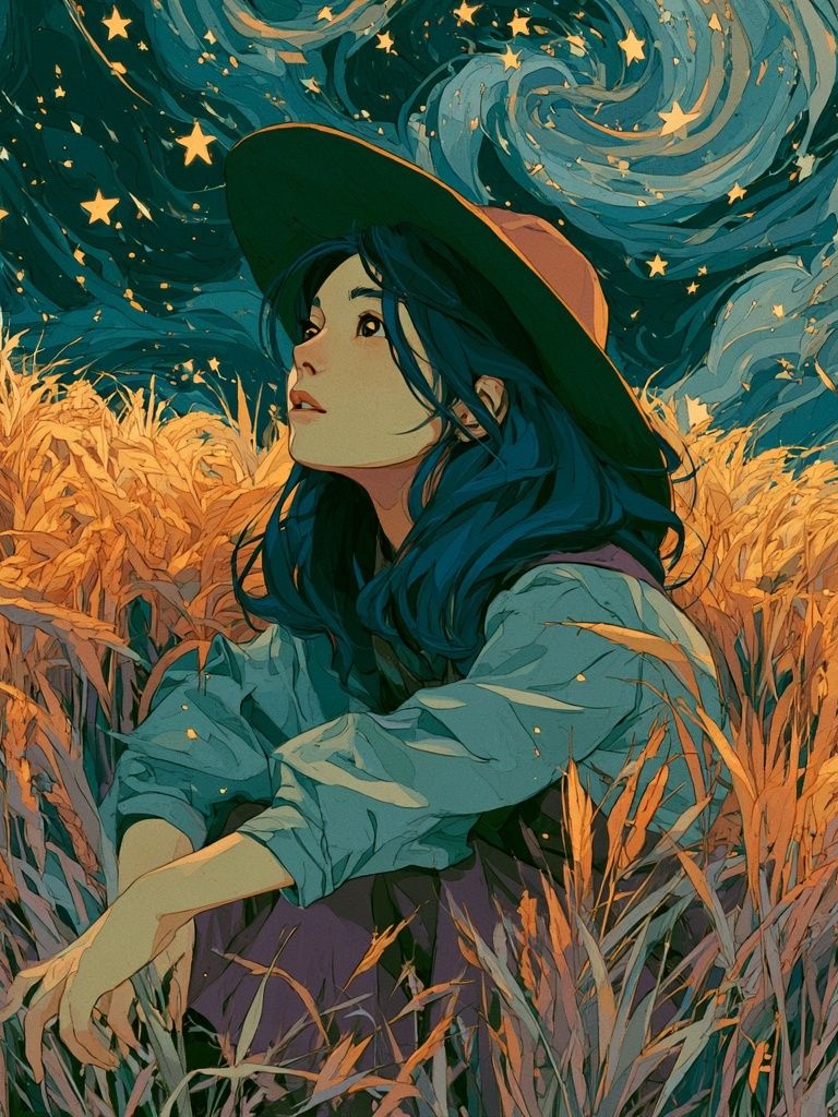 Starry Field Girl Illustration Poster. poster detail