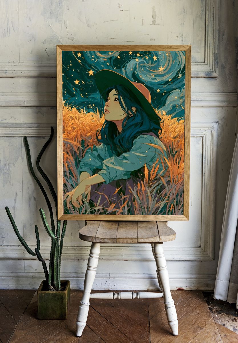 Starry Field Girl Illustration Poster. — room view 1