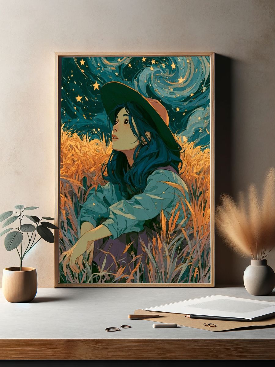 Starry Field Girl Illustration Poster. — room view 2