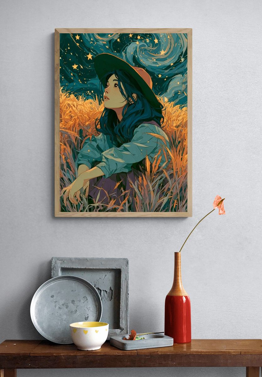 Starry Field Girl Illustration Poster. — room view 3