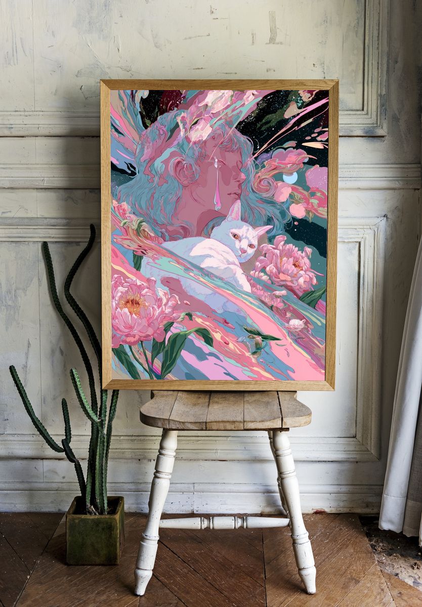 Dreaming Cat and Floral Surrealism Poster. — room view 1