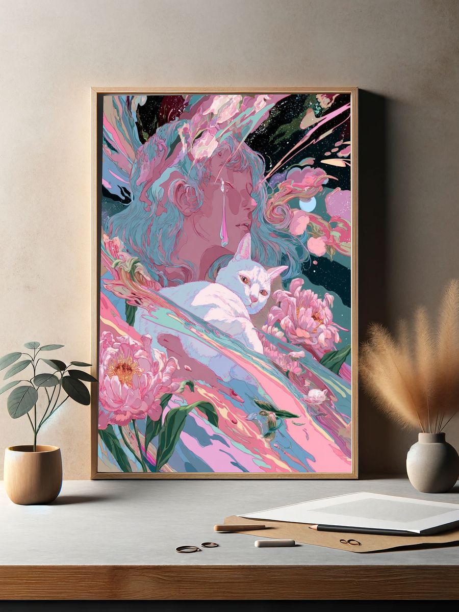 Dreaming Cat and Floral Surrealism Poster. — room view 2