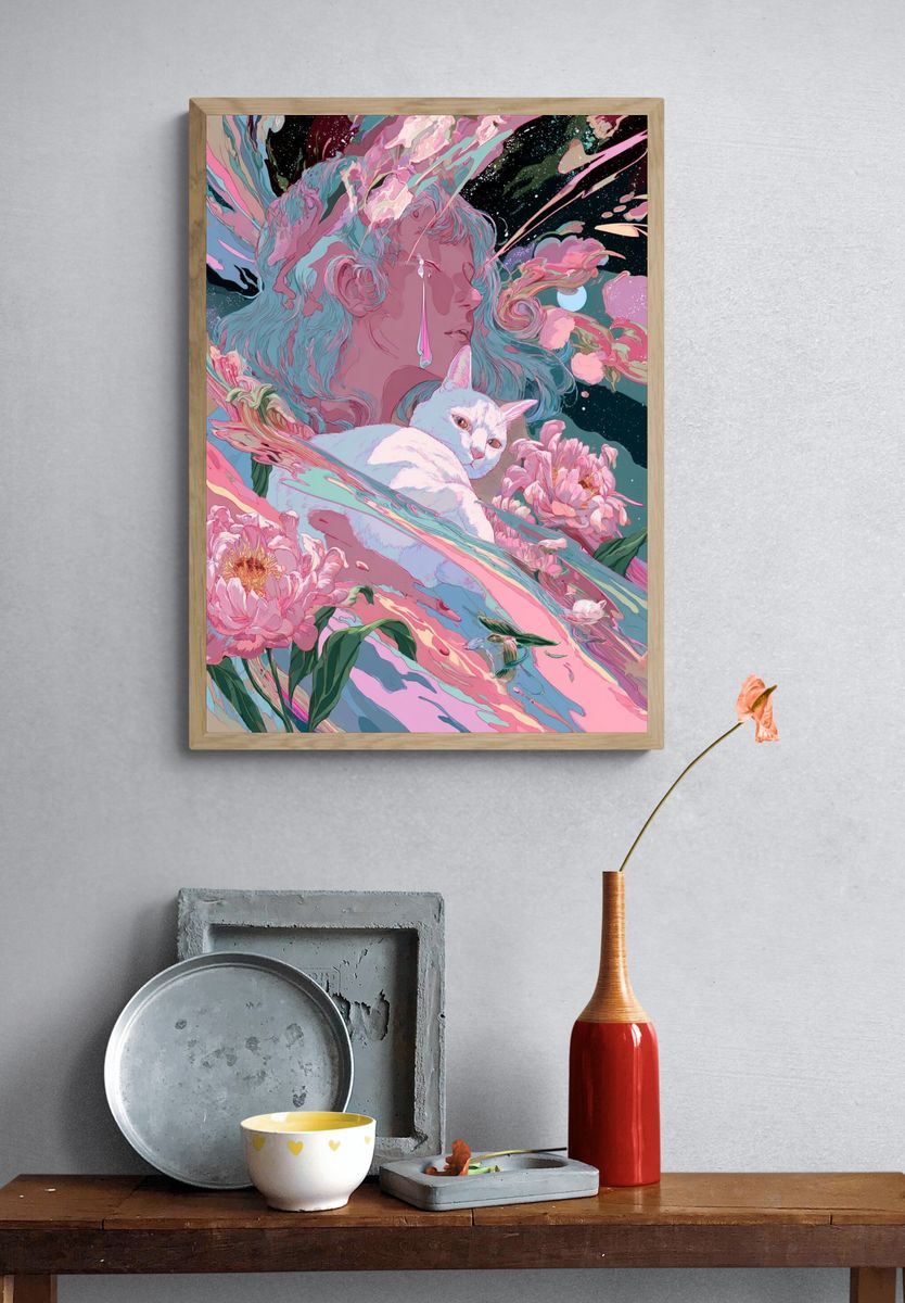 Dreaming Cat and Floral Surrealism Poster. — room view 3