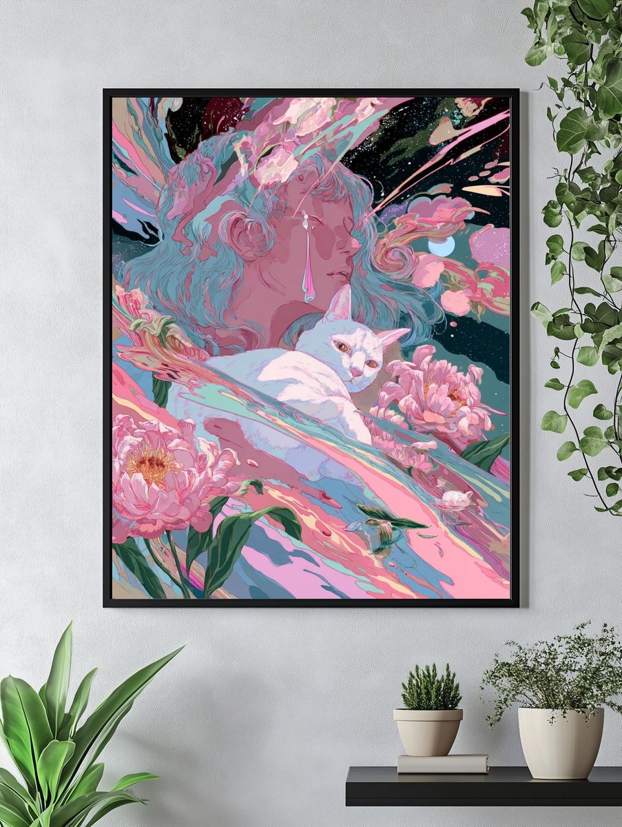 Dreaming Cat and Floral Surrealism Poster. — room view 4