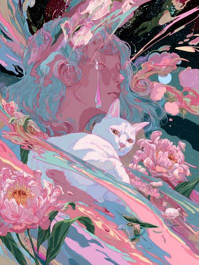 Dreaming Cat and Floral Surrealism Poster. poster print