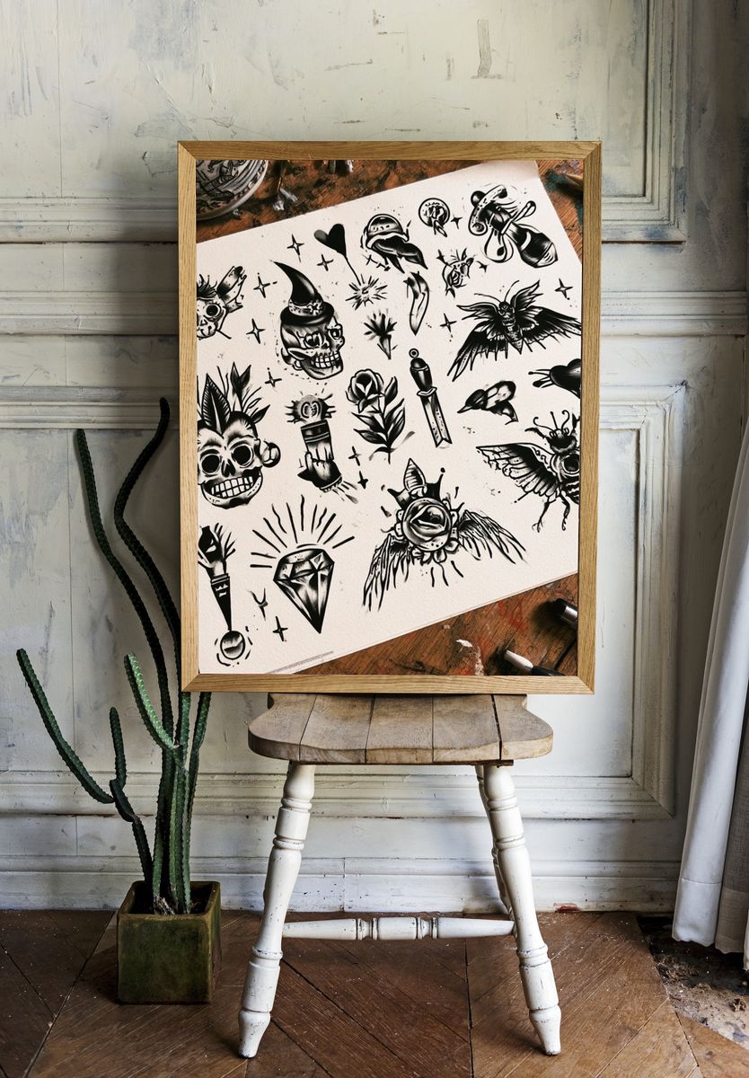 Blackwork Tattoo Flash Poster. room preview