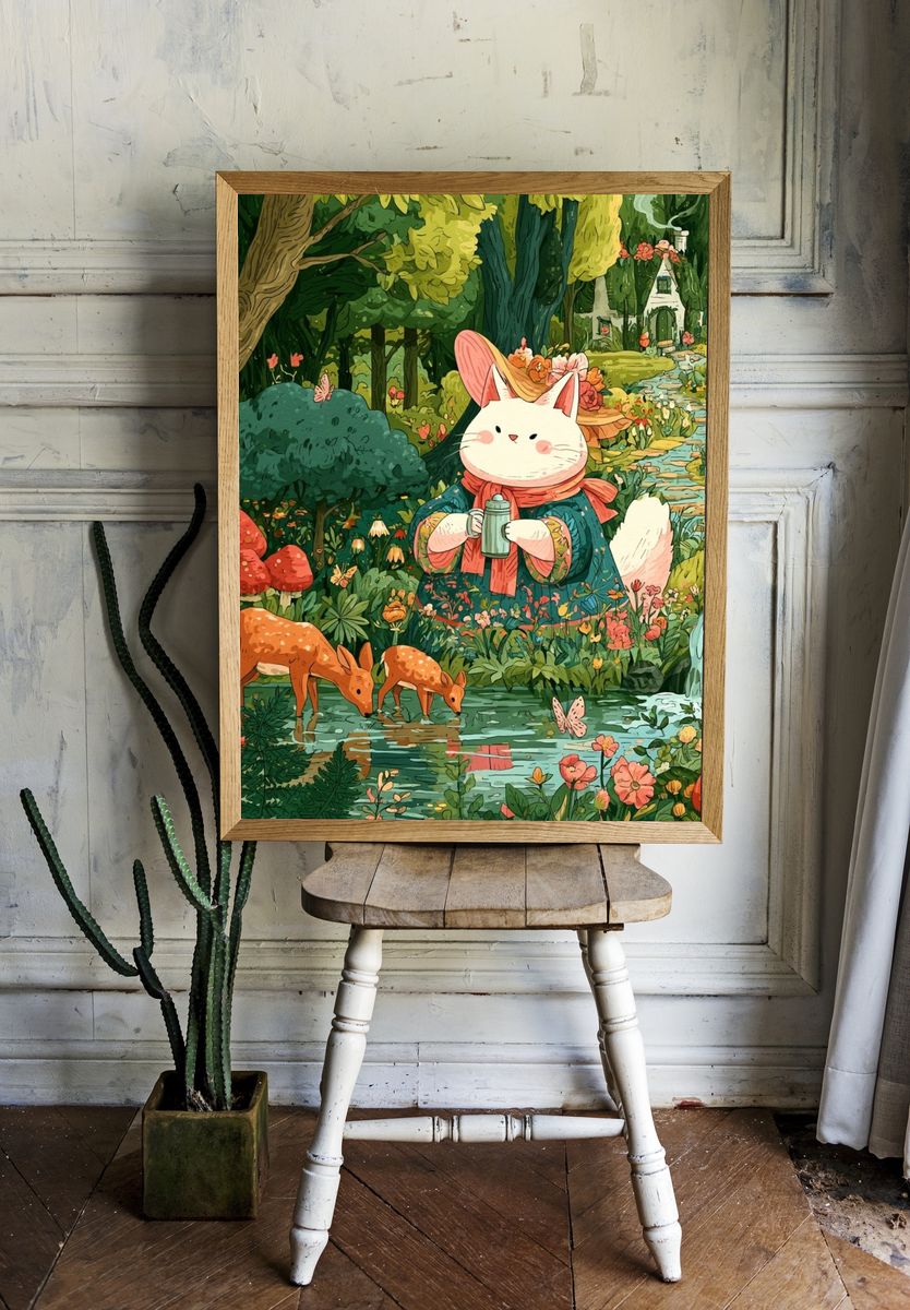 Whimsical Forest Cat Illustration Poster. — room view 1