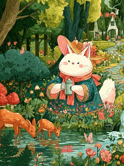 Whimsical Forest Cat Illustration Poster.