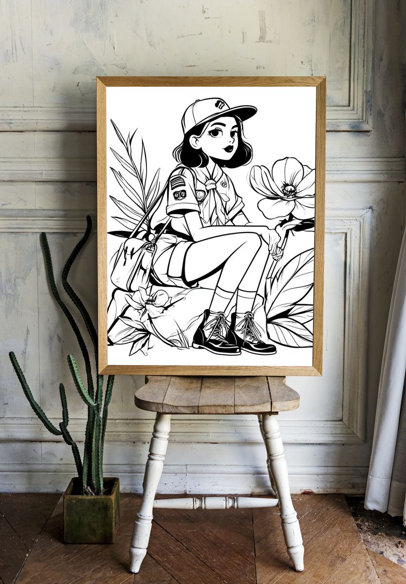 Girl Scout Floral Line Art Poster. room preview