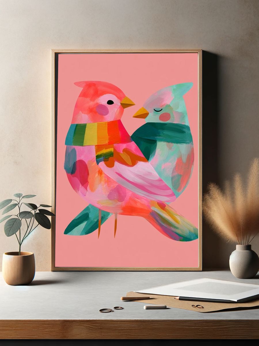 Playful Birds Illustration Poster. — room view 2