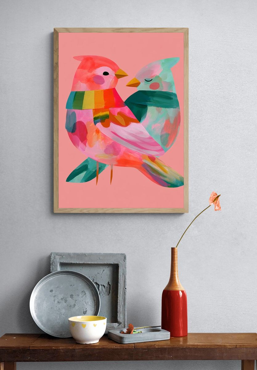 Playful Birds Illustration Poster. — room view 3