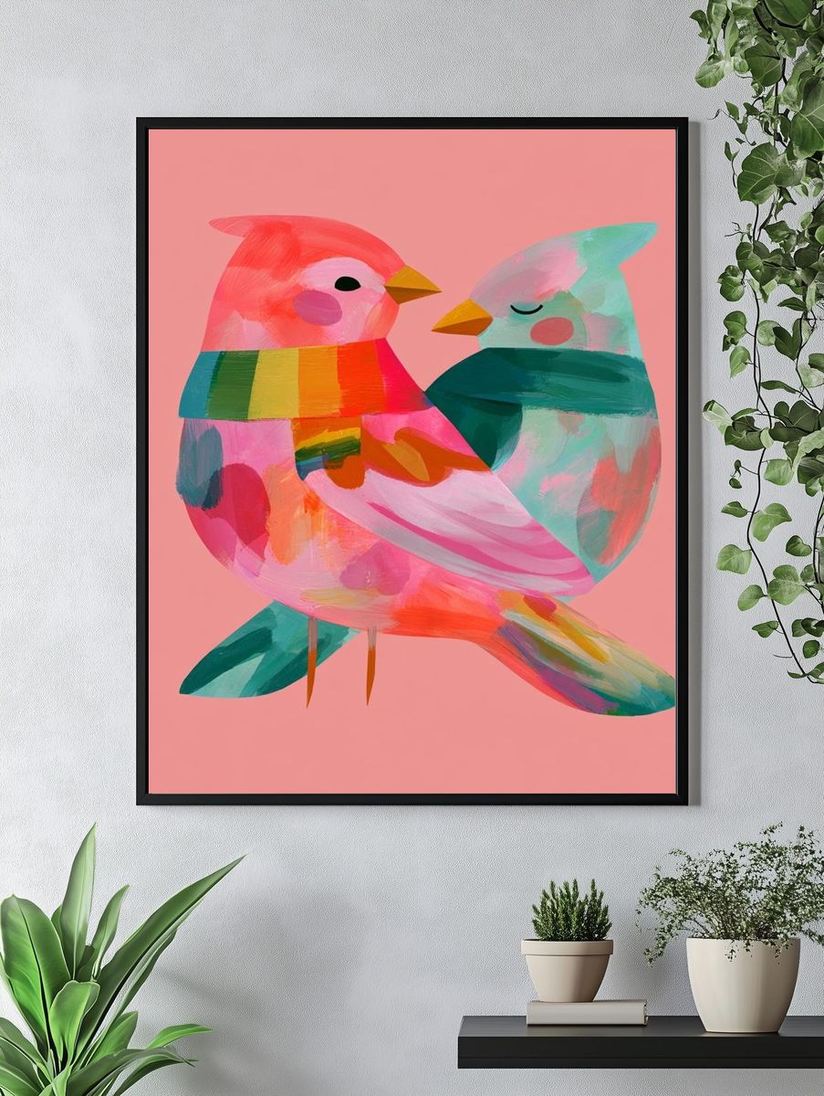 Playful Birds Illustration Poster. — room view 4
