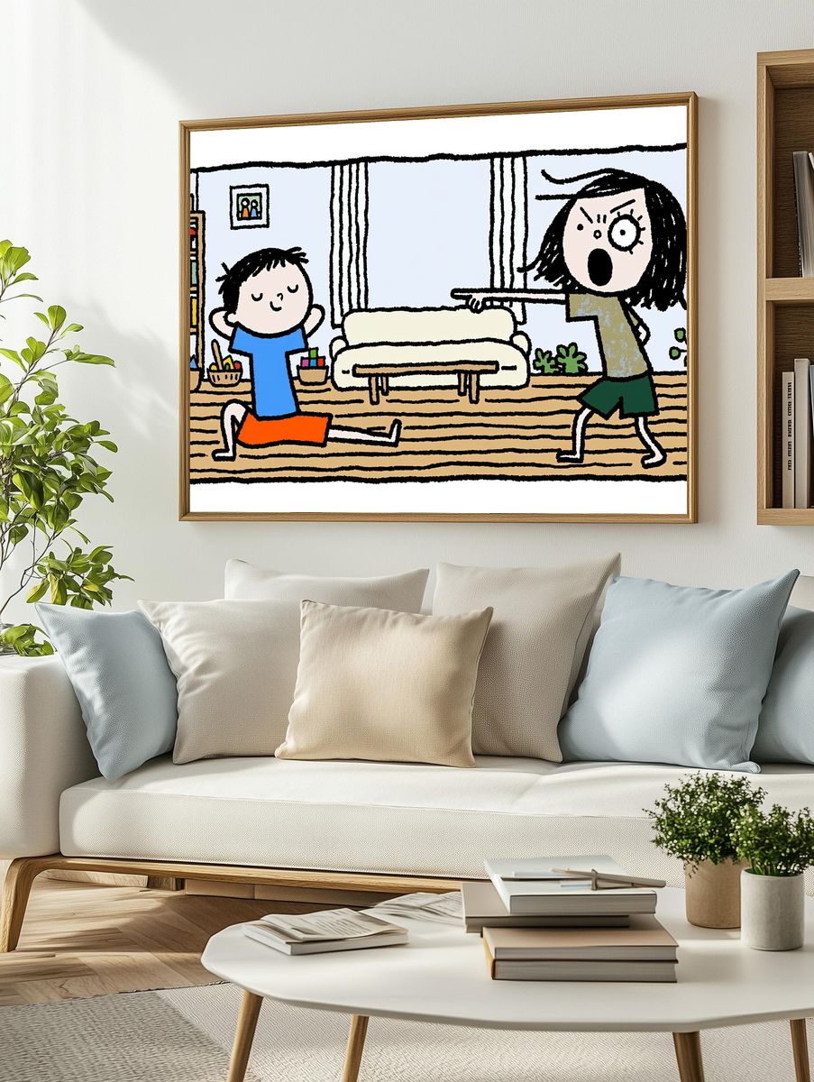 Playful Family Chaos Illustration Poster. — room view 2