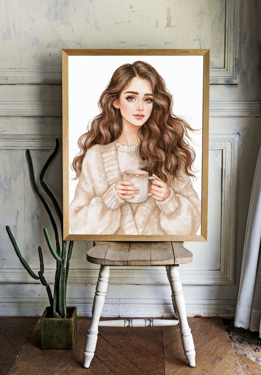 Cozy Coffee Girl Watercolor Print. — room view 1