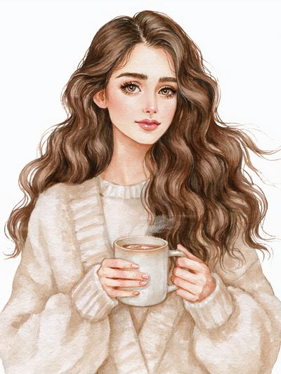 Cozy Coffee Girl Watercolor Print. poster
