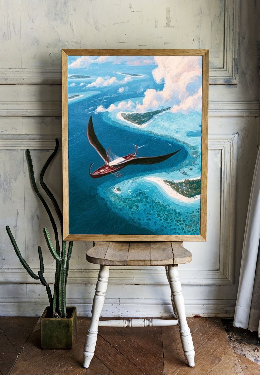 Flying Boat Over Tropical Lagoon Print. room preview