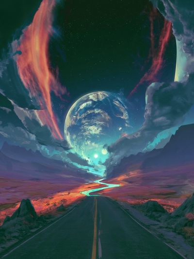 Cosmic Roadscape Digital Art Poster.