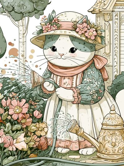 Garden Cat Watering Illustration Poster. poster