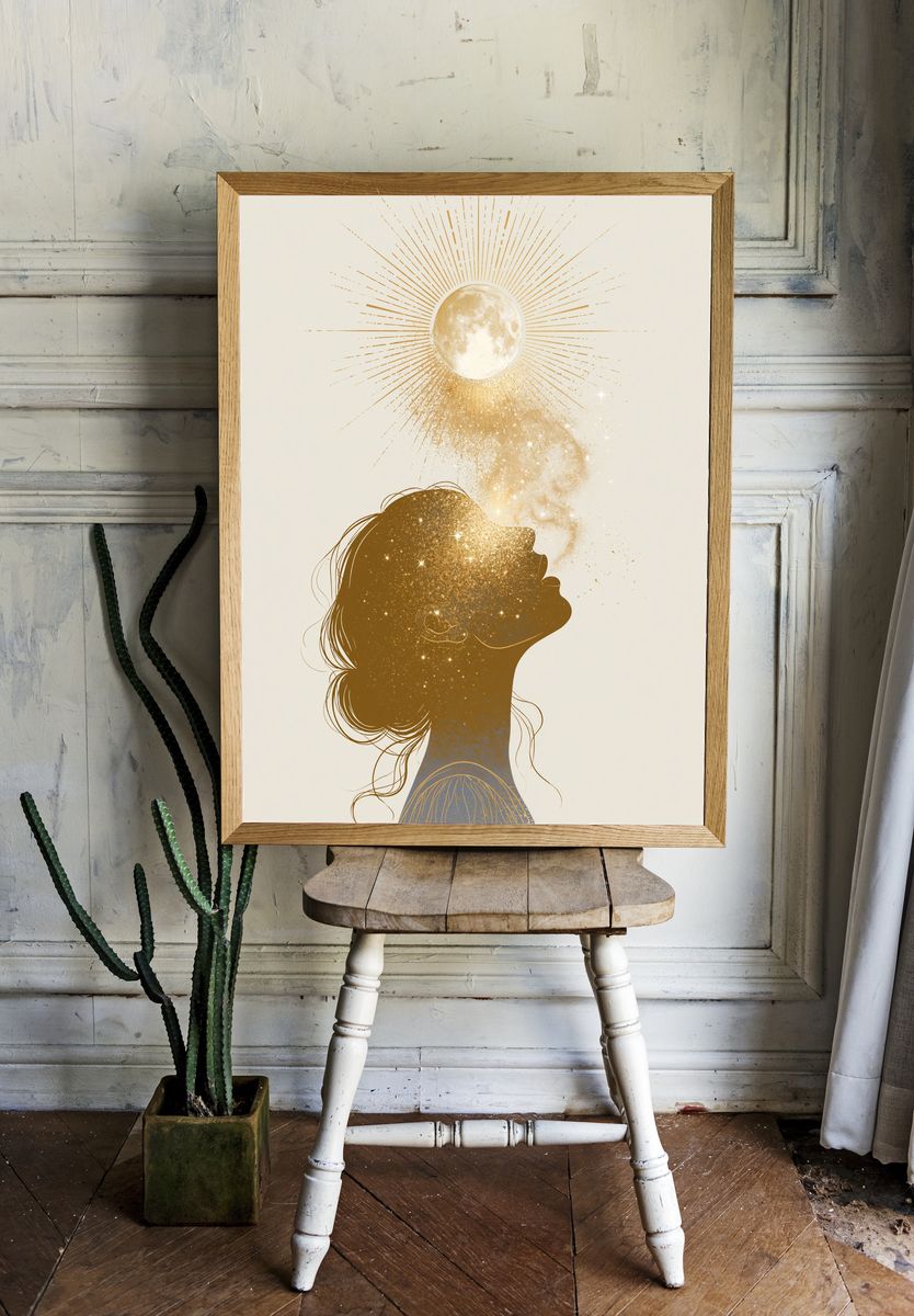 Moonlit Woman Silhouette Illustration Poster. room preview