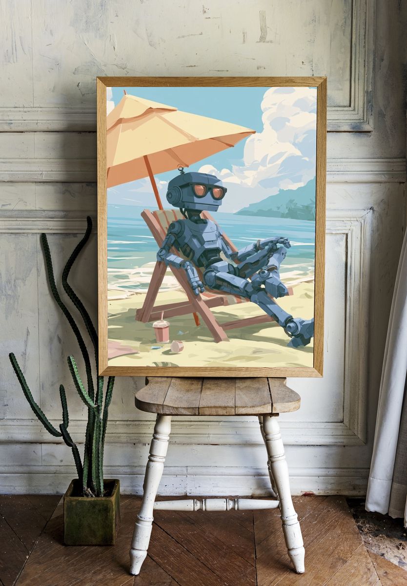 Beach Robot Relaxation Illustration Poster. room preview