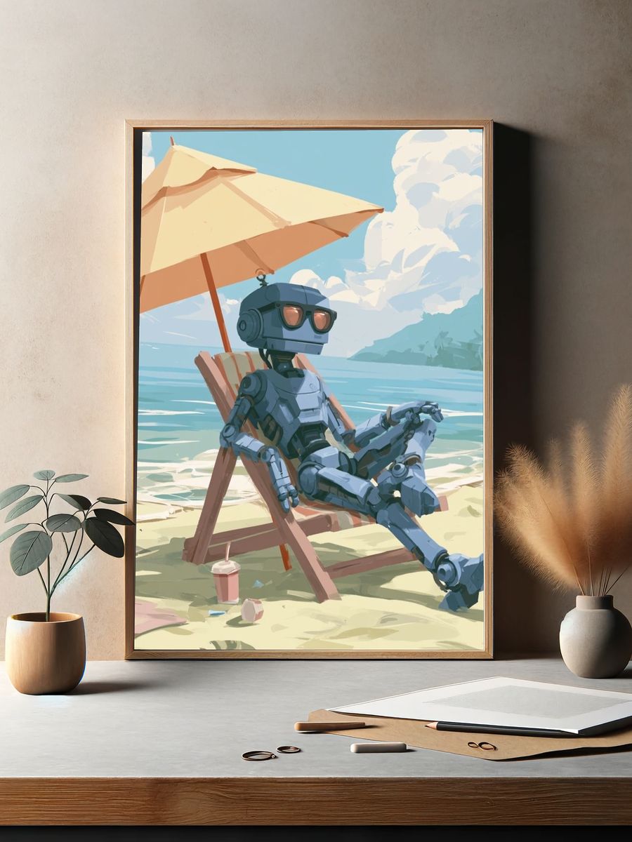 Beach Robot Relaxation Illustration Poster. — room view 2