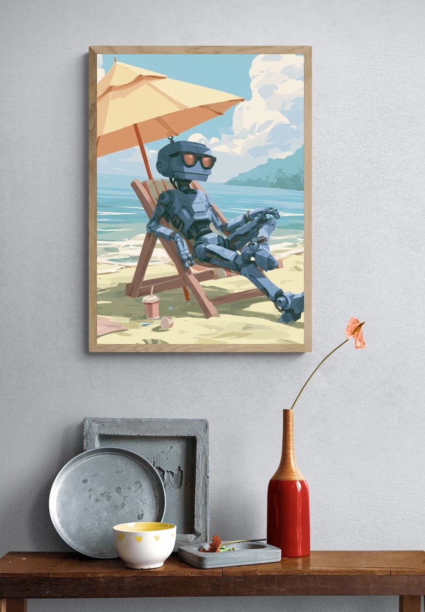 Beach Robot Relaxation Illustration Poster. — room view 3