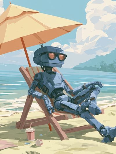 Beach Robot Relaxation Illustration Poster.
