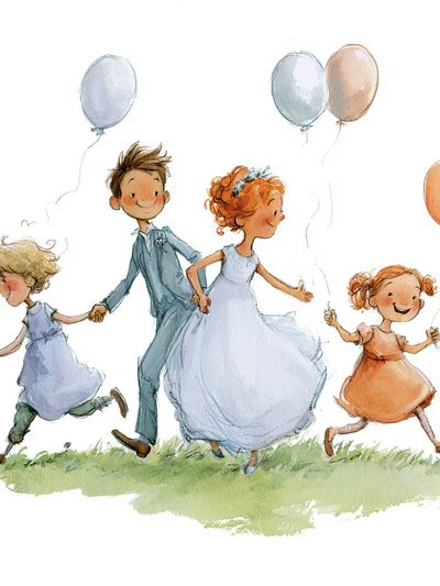 Children with Balloons Watercolor Print.