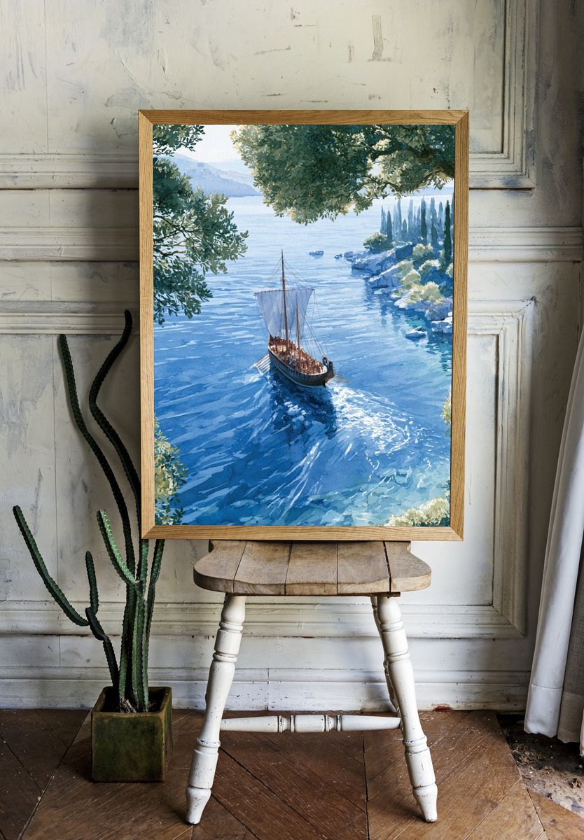 Mediterranean Sailboat Watercolor Poster. room preview