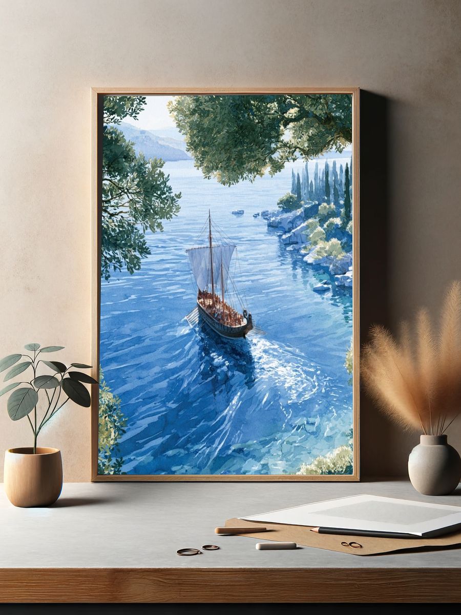 Mediterranean Sailboat Watercolor Poster. — room view 2