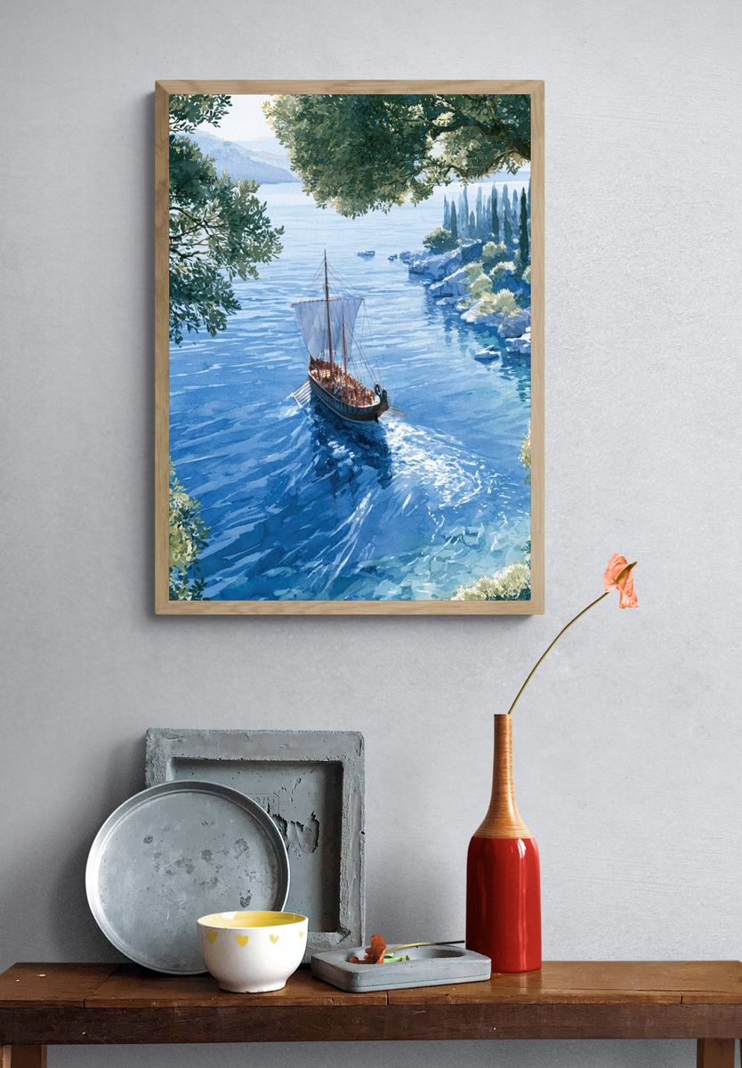 Mediterranean Sailboat Watercolor Poster. — room view 3