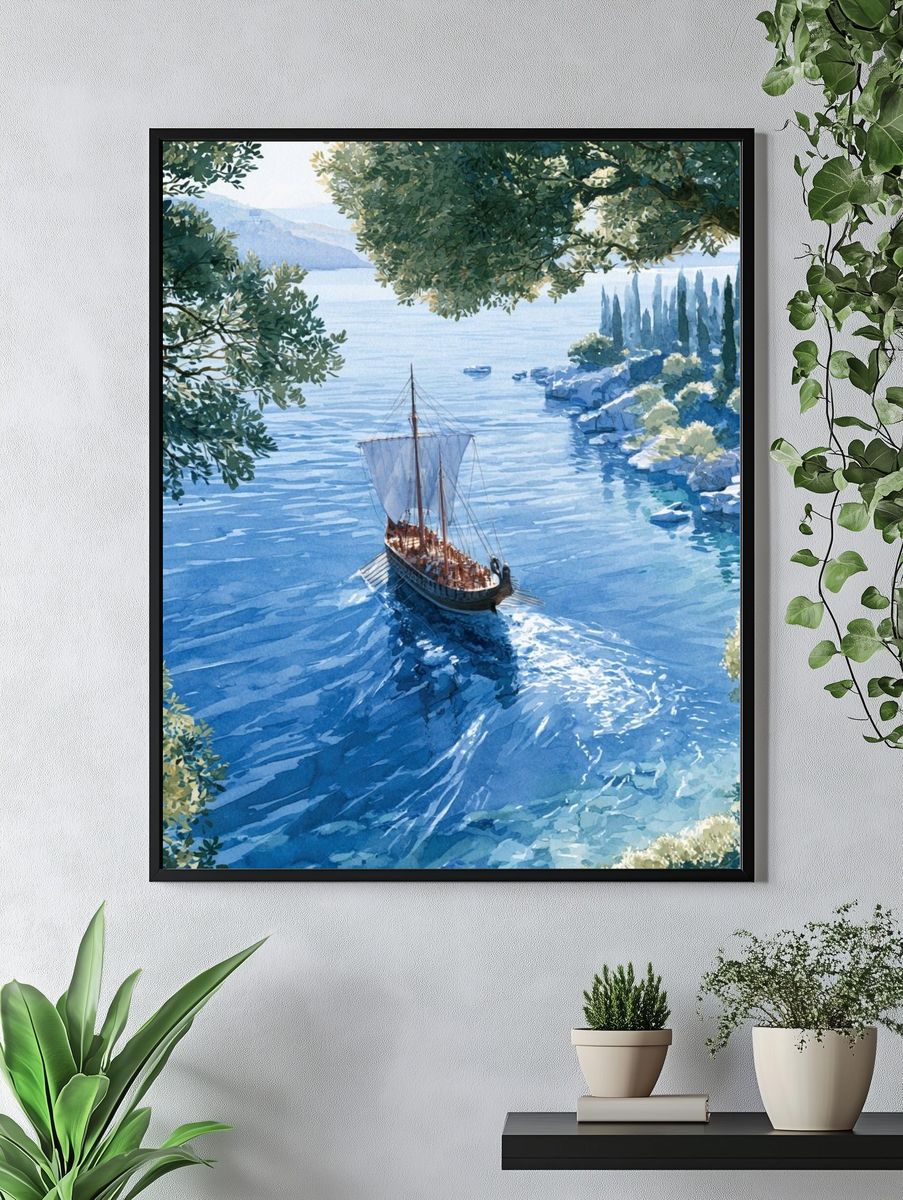 Mediterranean Sailboat Watercolor Poster. — room view 4