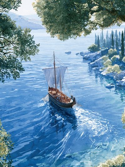 Mediterranean Sailboat Watercolor Poster. poster