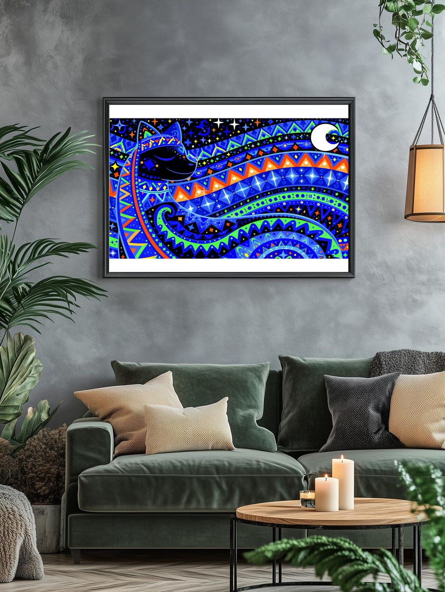Celestial Cat Dreamscape Illustration Poster. — room view 4