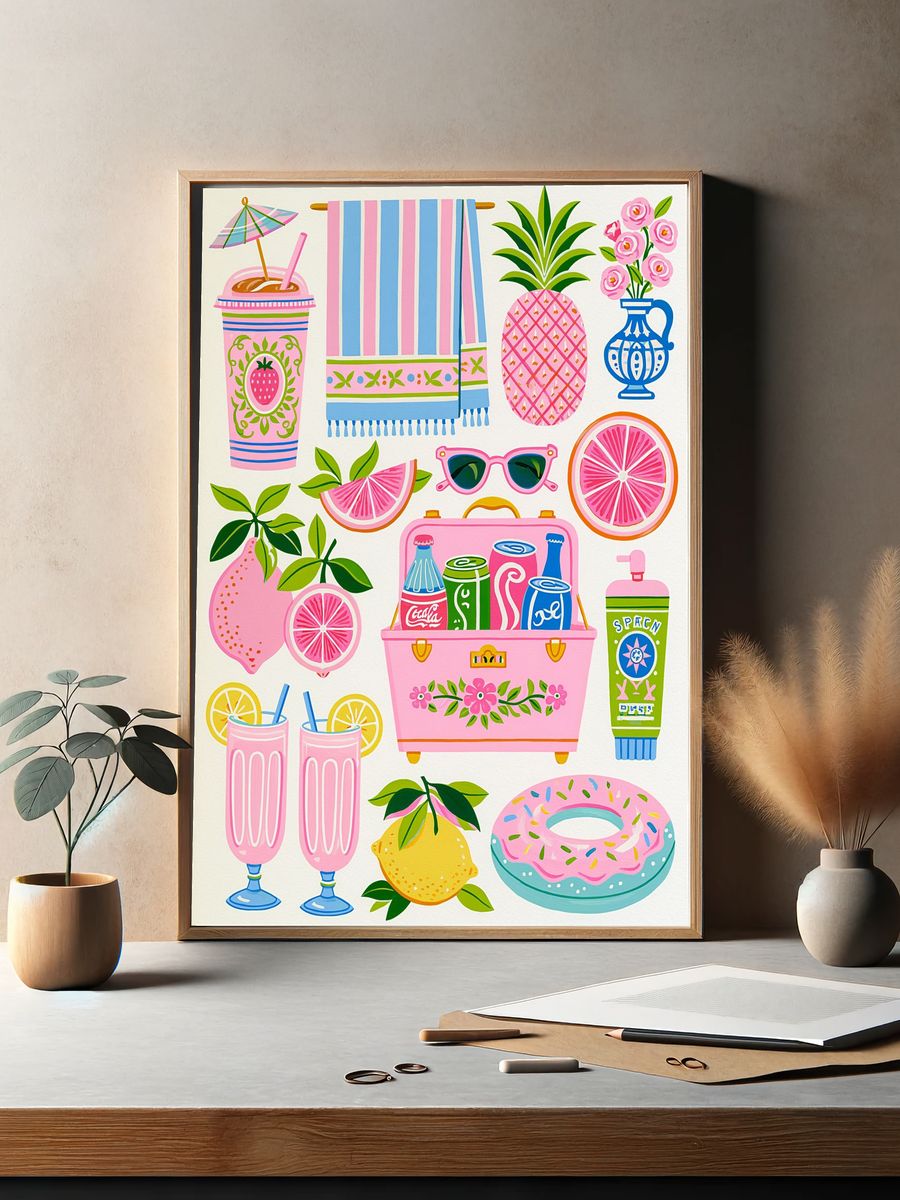 Pink Summer Icons Illustration Poster. — room view 2