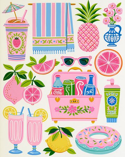 Pink Summer Icons Illustration Poster. poster