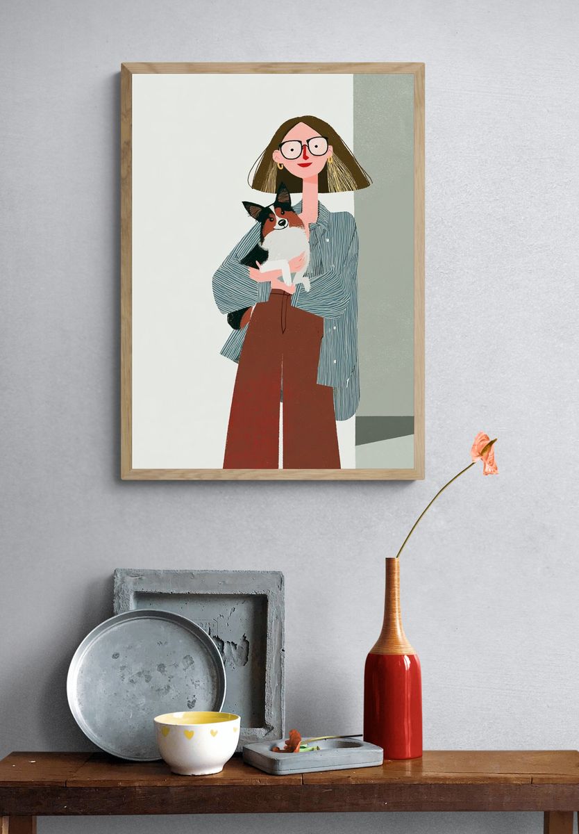 Woman with Dog Illustration Poster. — room view 3