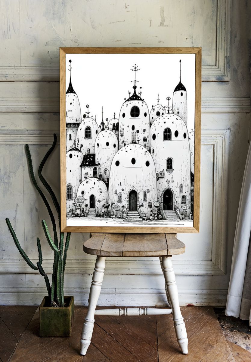Whimsical Mushroom Houses Illustration Poster. room preview