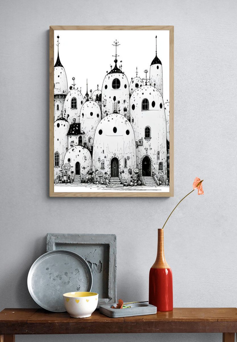 Whimsical Mushroom Houses Illustration Poster. — room view 3