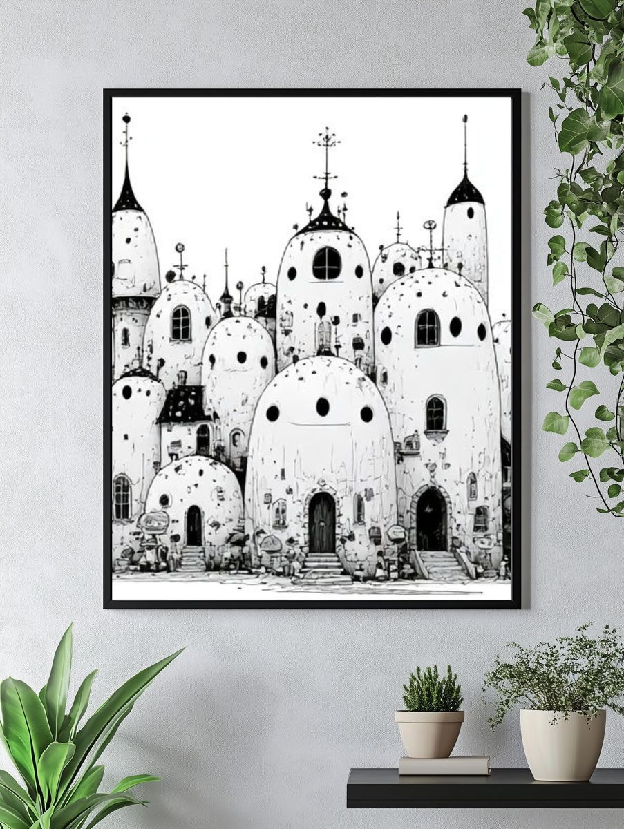Whimsical Mushroom Houses Illustration Poster. — room view 4