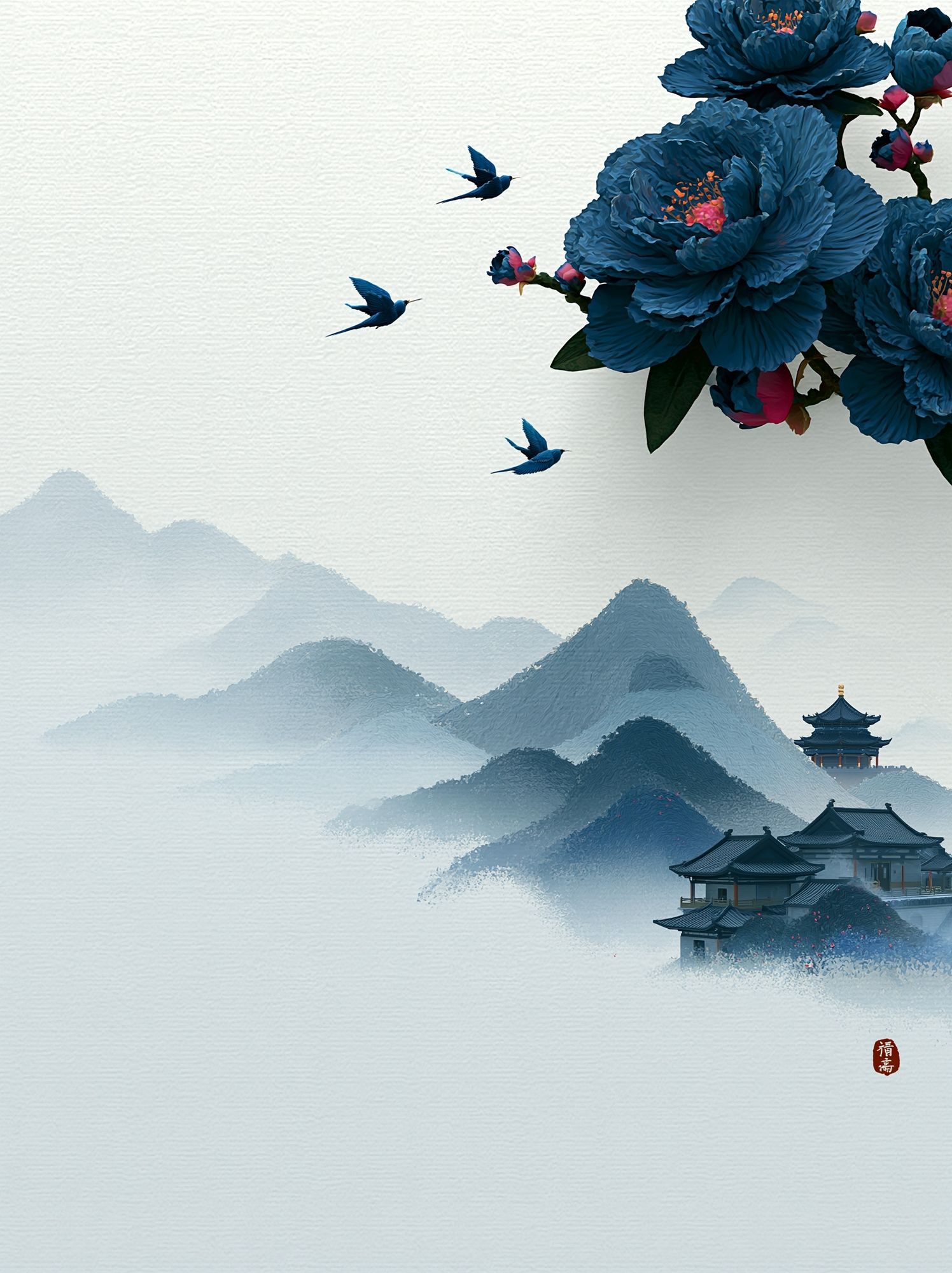 Blue Blossom Mountains Print. poster detail