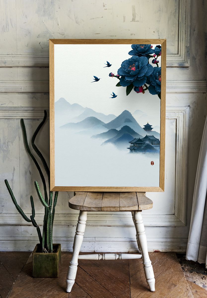 Blue Blossom Mountains Print. room preview