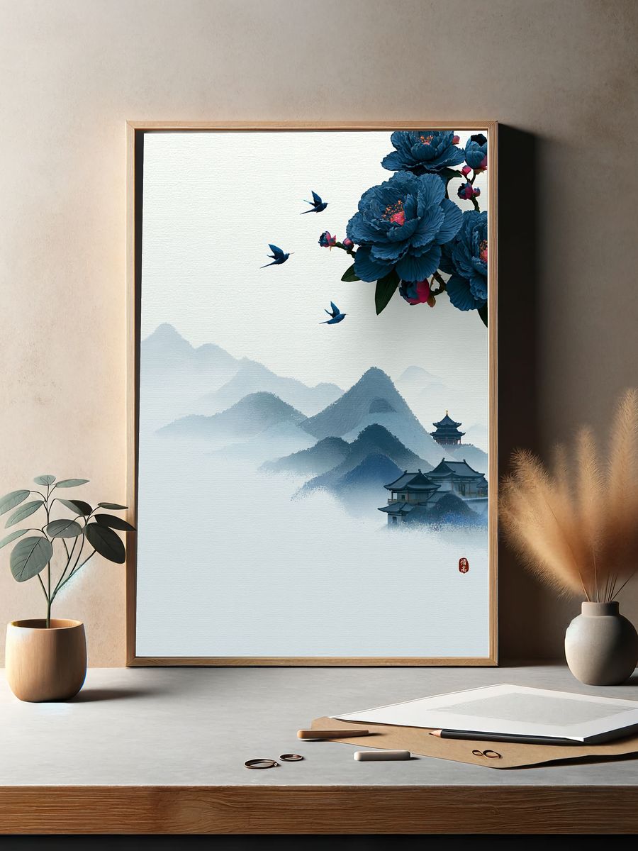 Blue Blossom Mountains Print. — room view 2