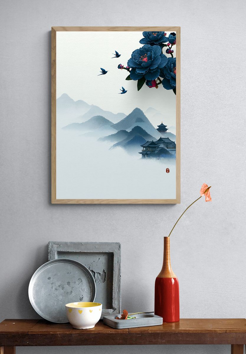 Blue Blossom Mountains Print. — room view 3
